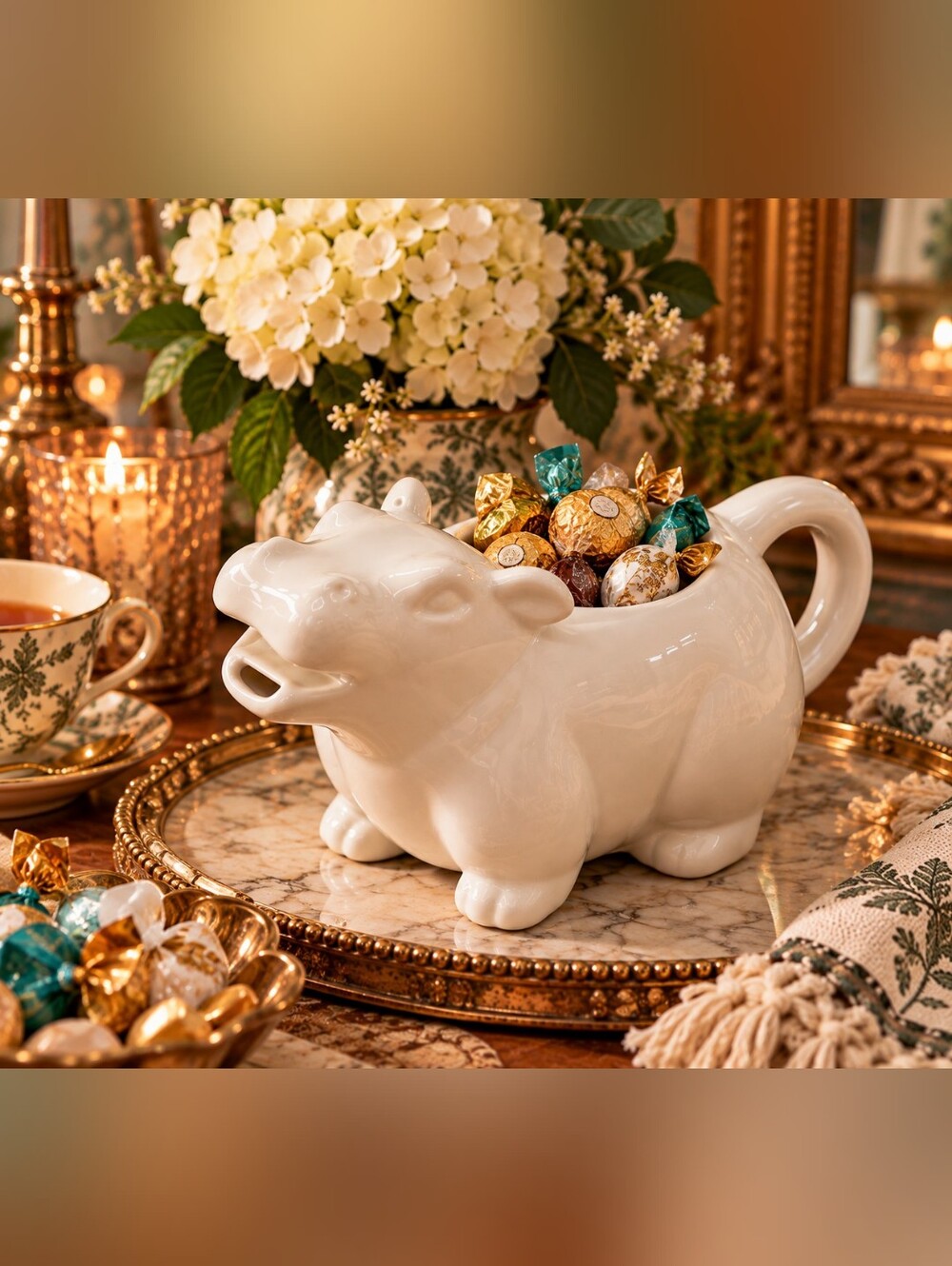 Vintage White Ceramic Hippo Teapot Novelty Hippopotamus Tea Pot Farmhouse Decor
